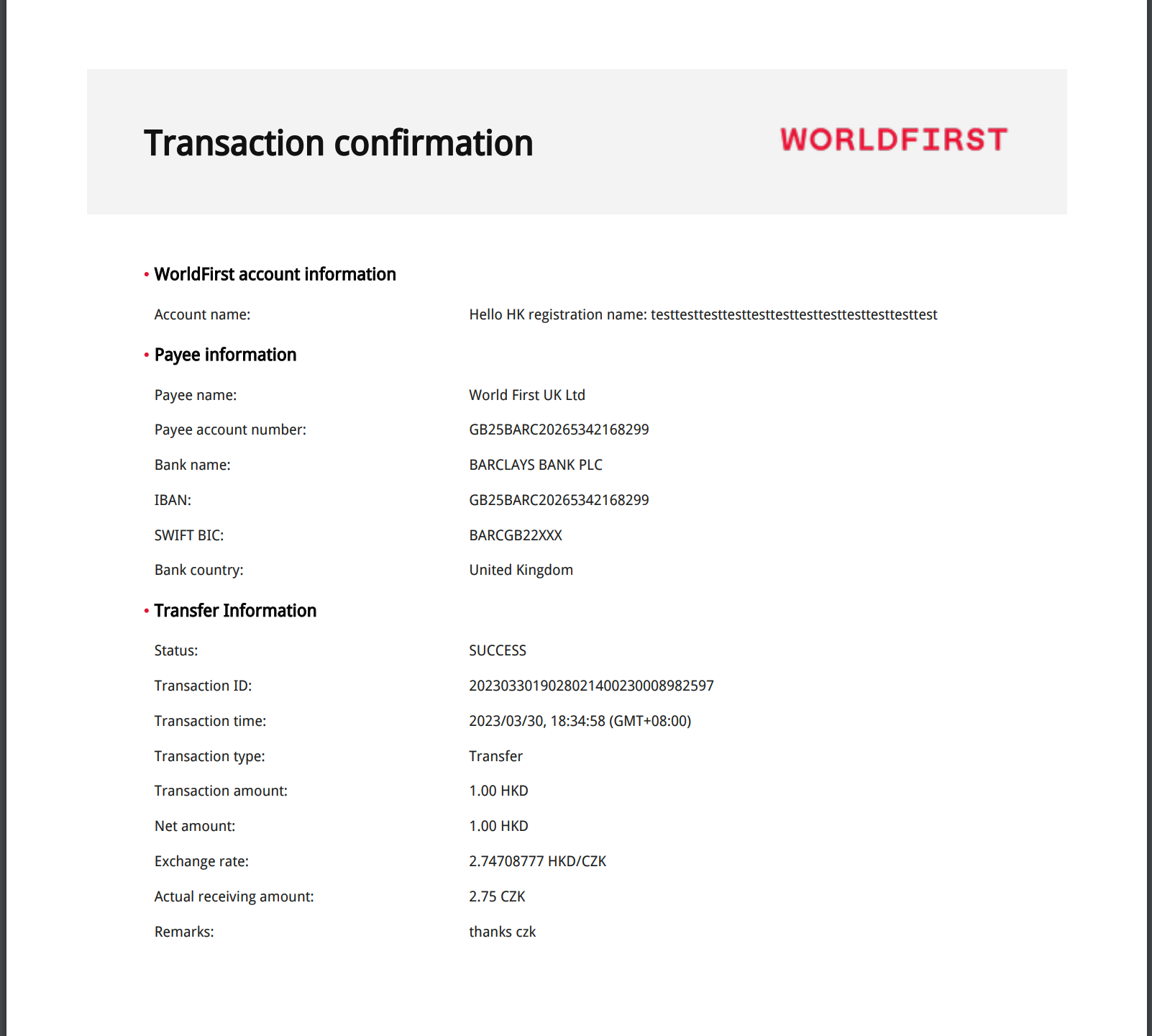英文勾选汇率的交易凭证示例