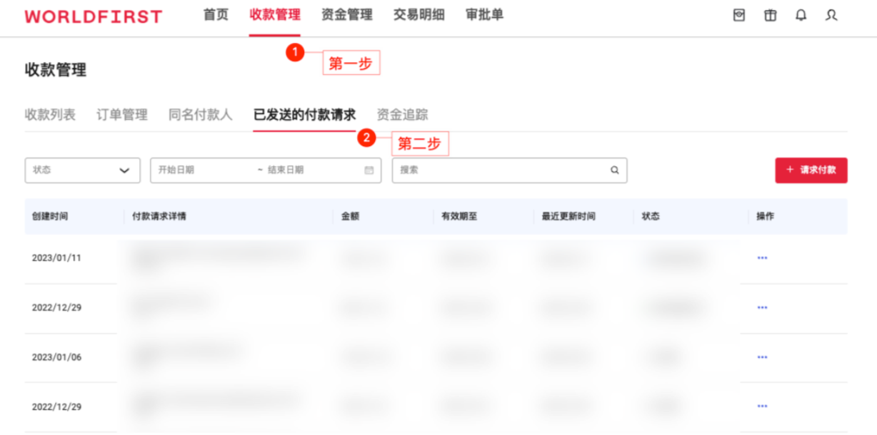 已发送的付款请求管理页面