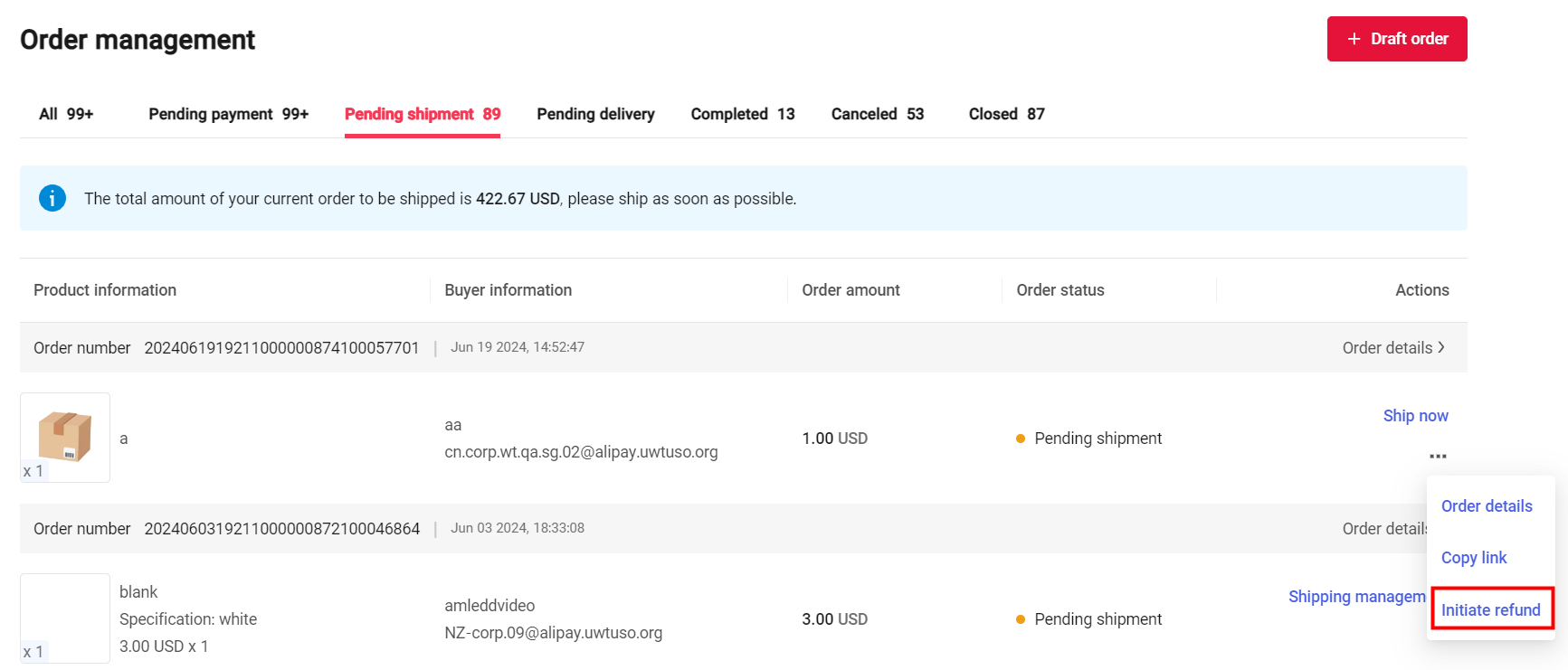 Initiate Refund Option 1